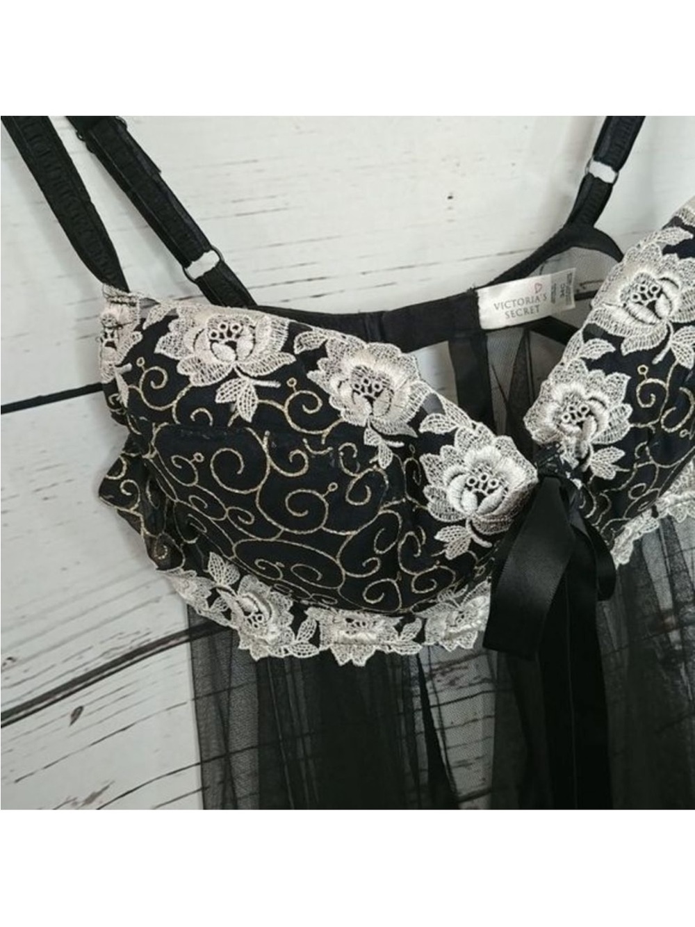 Victoria's Secret Black Babydoll with Ivory Floral Lace, 34C Price Firm